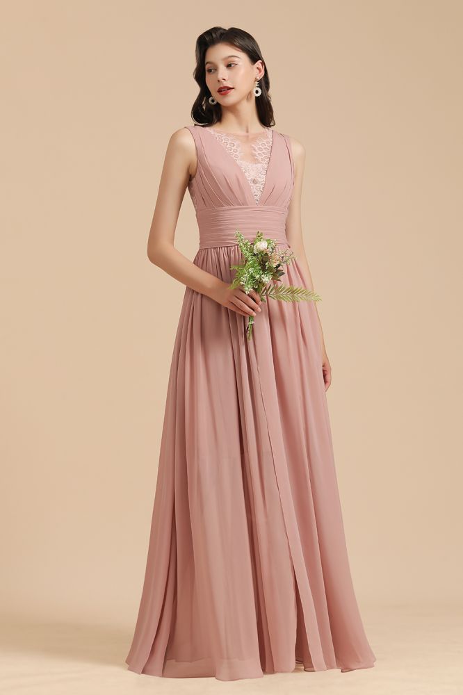 Elegant Dusty Pink Sleeveless Floral Lace Bridesmaid Dress Side Split Party Dress | MISSHOW Elegant Dusty Pink Sleeveless Floral Lace Bridesmaid Dress Side Split Party Dress | MISSHOW