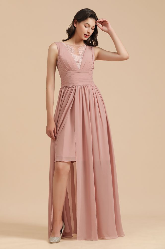 Elegant Dusty Pink Sleeveless Floral Lace Bridesmaid Dress Side Split Party Dress | MISSHOW Elegant Dusty Pink Sleeveless Floral Lace Bridesmaid Dress Side Split Party Dress | MISSHOW