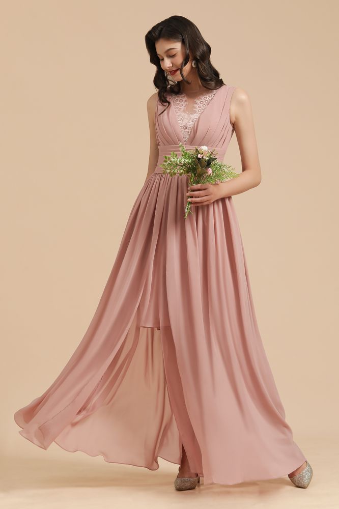 MISSHOW offers Elegant Dusty Pink Sleeveless Floral Lace Bridesmaid Dress Side Split Party Dress at a good price from Misshow