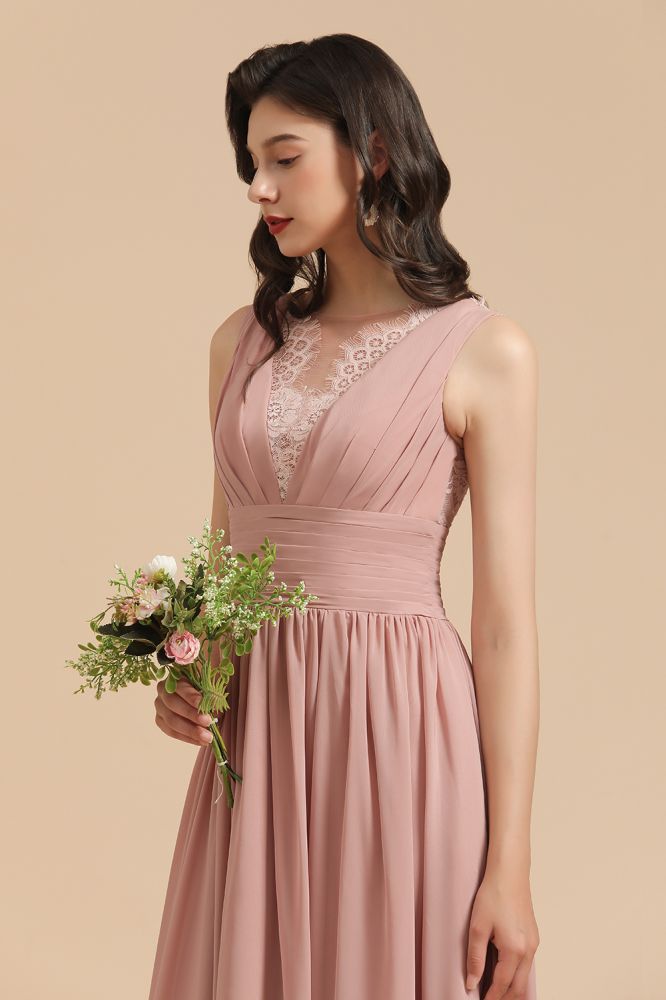 MISSHOW offers Elegant Dusty Pink Sleeveless Floral Lace Bridesmaid Dress Side Split Party Dress at a good price from Misshow