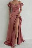 Elegant Dusty Rose Off-the-shoulder A-line Prom Dress With Slit-misshow.com
