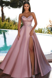Elegant Dusty Rose Sweetheart Sleeveless Split A-line Prom Dress With Glitter