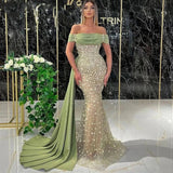 Elegant Dusty Sage Long Mermaid Off-the-shoulder Prom Dress With Lace-misshow.com