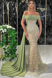 Elegant Dusty Sage Long Mermaid Off-the-shoulder Prom Dress With Lace-misshow.com