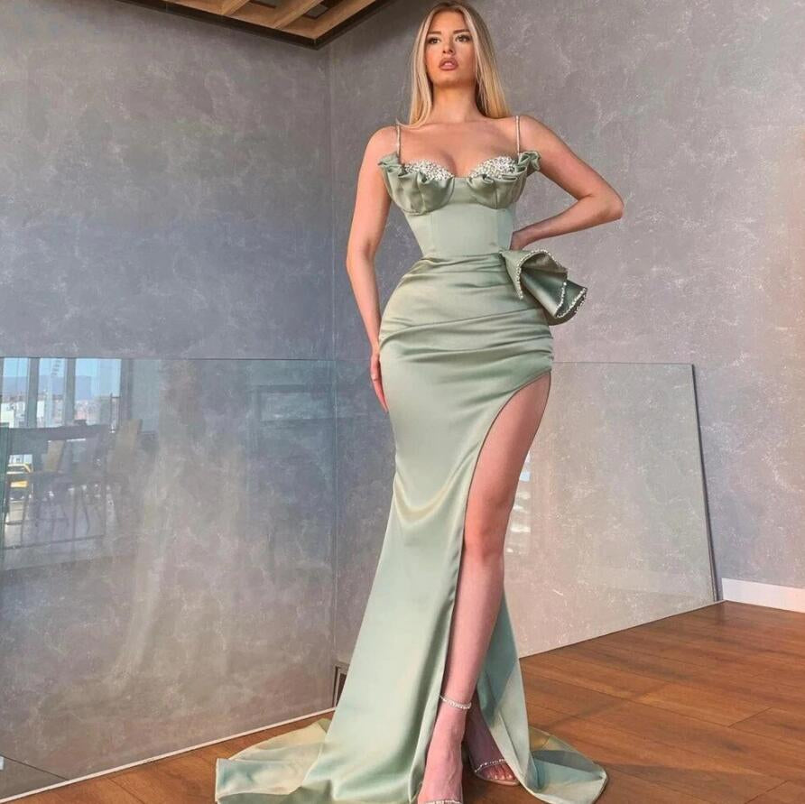 Elegant Dusty Sage Spaghetti Straps Mermaid Prom Dress With Slit-misshow.com