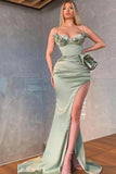 Elegant Dusty Sage Spaghetti Straps Mermaid Prom Dress With Slit