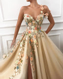 Elegant Evening Dress Long Sexy Sweetheart Front Slit Appliques Flowers Prom Dress-misshow.com