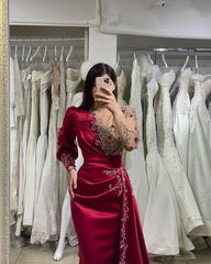 Elegant Evening Dresses Long Wine Red | Prom Evening Dresses with sleeves-misshow.com