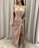 Elegant Floor-Length Long Sleeves Prom Dress with Slit