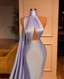Elegant Floor Length Mermaid High Neck Purple Evening Gowns-misshow.com