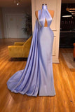 Elegant Floor Length Mermaid High Neck Purple Evening Gowns-misshow.com