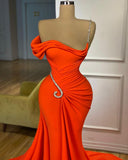Elegant Floor Length One-should Sleeveless Mermaid Satin Prom Dress with Ruffles-misshow.com