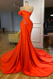 Elegant Floor Length One-should Sleeveless Mermaid Satin Prom Dress with Ruffles-misshow.com