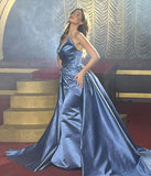 Elegant Floor Length Sleeveless A Line Satin Prom Dress with Beads-misshow.com