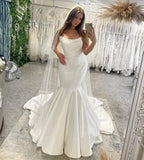 Elegant Floor Length Sleeveless Mermaid Satin Wedding Dress with Ruffles-misshow.com