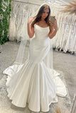 Elegant Floor Length Sleeveless Mermaid Satin Wedding Dress with Ruffles