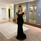 Elegant Floor Length Sweetheart Off-The -shoulder Black mermaid Prom Dress with Appliques-misshow.com