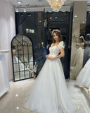 Elegant Floor Length Sweetheart Short Sleeves A-Line Tulle Wedding Dress-misshow.com