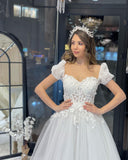 Elegant Floor Length Sweetheart Short Sleeves A-Line Tulle Wedding Dress-misshow.com