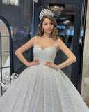 Elegant Floor Length Sweetheart Sleeveless A-Line Sequined Wedding Dress with Ruffles-misshow.com