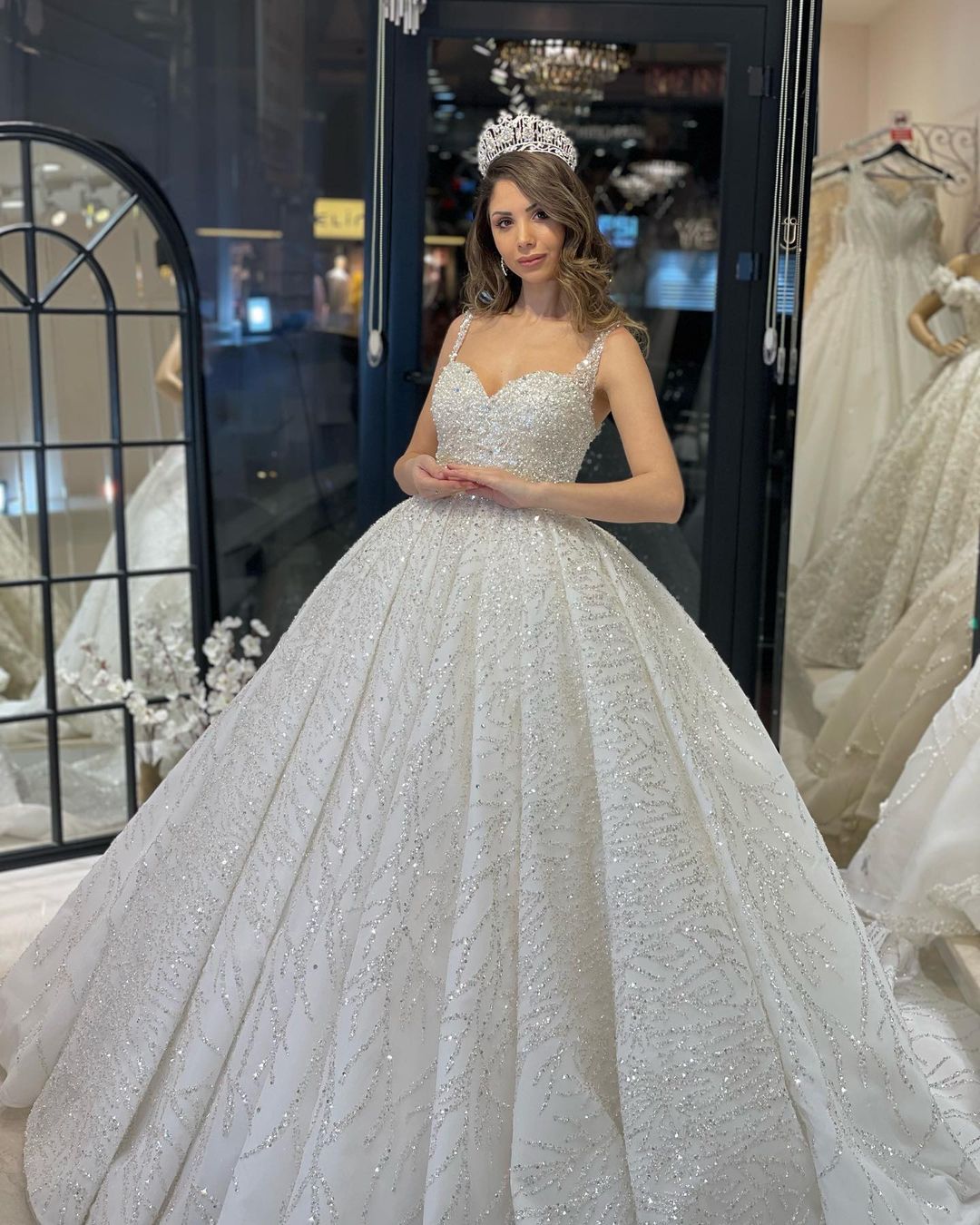 Elegant Floor Length Sweetheart Sleeveless A-Line Sequined Wedding Dress with Ruffles-misshow.com