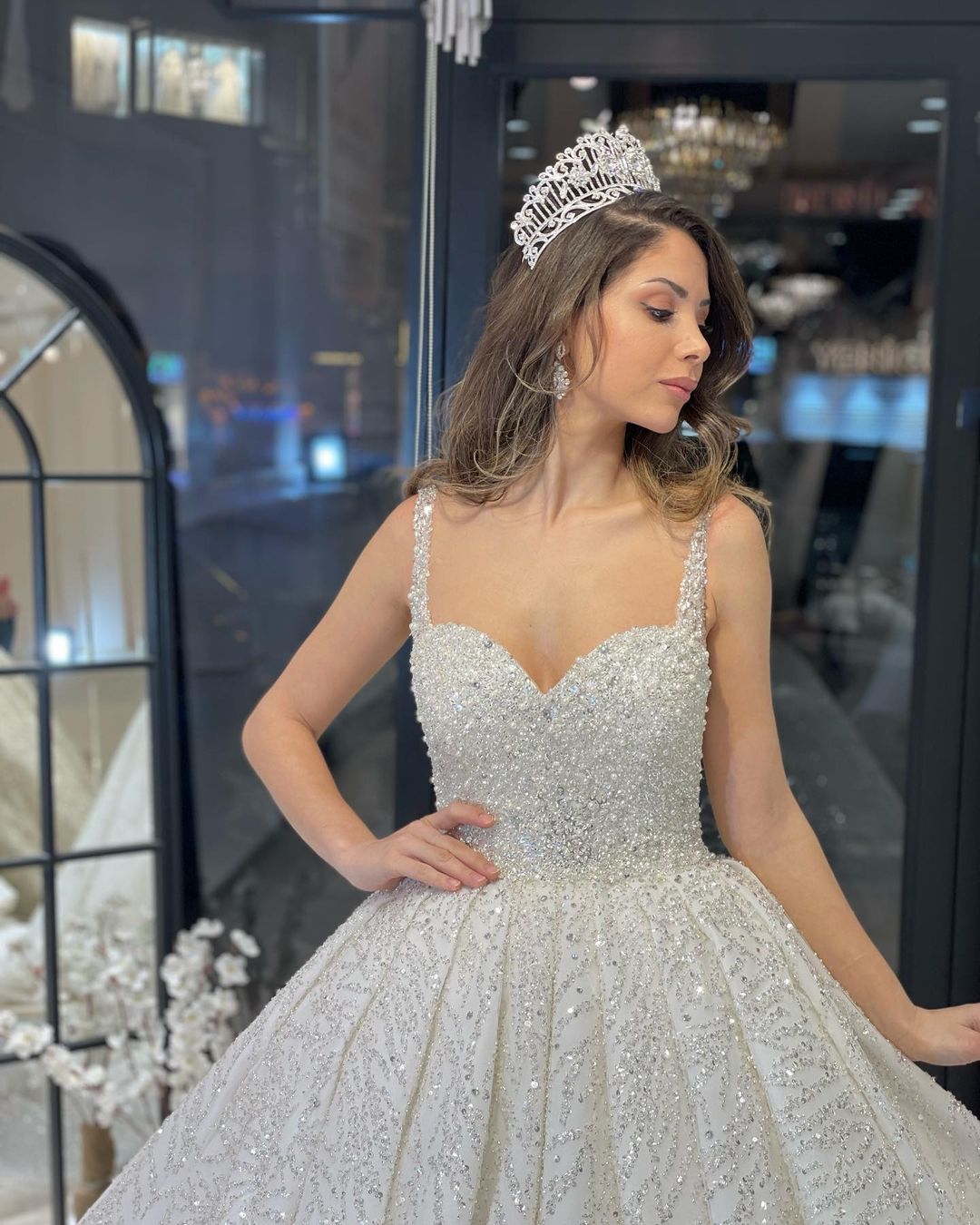 Elegant Floor Length Sweetheart Sleeveless A-Line Sequined Wedding Dress with Ruffles-misshow.com
