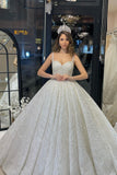 Elegant Floor Length Sweetheart Sleeveless A-Line Sequined Wedding Dress with Ruffles