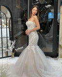 Elegant Floor Length Sweetheart Sleeveless Mermaid Lace Wedding Dress with Appliques-misshow.com
