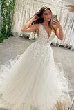 Elegant Floor Length V-Neck Sleeveless A-Line Tulle Wedding Dress with Appliques-misshow.com