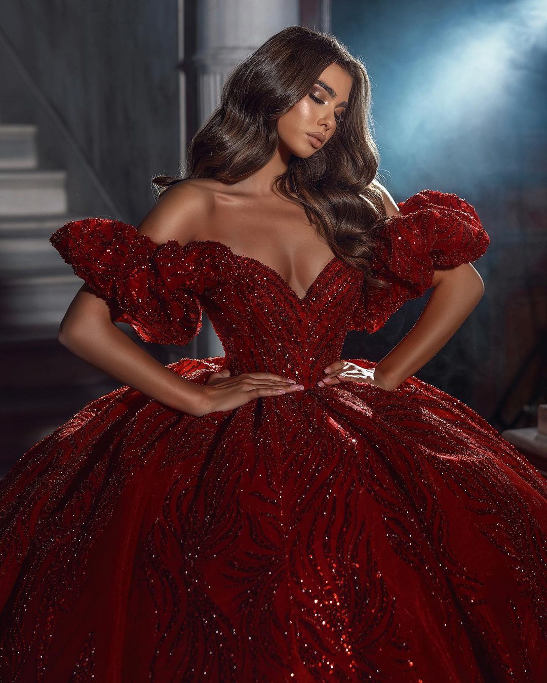 Elegant Floor Length V-Neck Sleeveless Off-The-Shoulder A-Line Sequined Wedding Dress with Ruffles-misshow.com