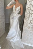 Elegant Floor Length V-neck Sleeveless Satin Prom Dress-misshow.com
