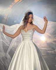 Elegant FloorLength Sleeveless A Line Satin Wedding Dress With Beads-misshow.com