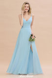 Elegant Front Split Bridesmaid Dress Garden Spaghetti Straps V-neck Floor Length Dress-misshow.com