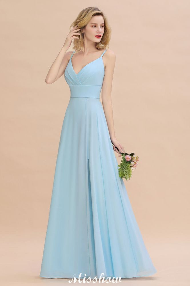 Elegant Front Split Bridesmaid Dress Garden Spaghetti Straps V-neck Floor Length Dress-misshow.com