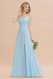 Elegant Front Split Bridesmaid Dress Garden Spaghetti Straps V-neck Floor Length Dress-misshow.com