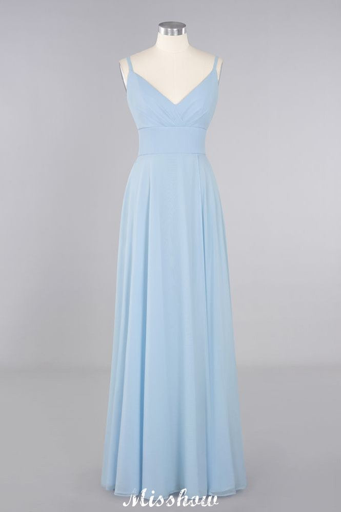 Elegant Front Split Bridesmaid Dress Garden Spaghetti Straps V-neck Floor Length Dress-misshow.com