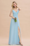 Elegant Front Split Bridesmaid Dress Garden Spaghetti Straps V-neck Floor Length Dress