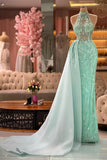 Elegant Green High Neck Sleeveless Mermaid Prom Dress With Lace
