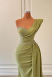 Elegant Green One-shoulder Sleeveless Mermaid Chiffon Prom Dresses with Beadings-misshow.com