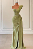 Elegant Green One-shoulder Sleeveless Mermaid Chiffon Prom Dresses with Beadings-misshow.com