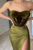 Elegant Green Strapless Sleeveless Mermaid Satin Prom Dresses with Slit-misshow.com