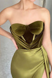 Elegant Green Strapless Sleeveless Mermaid Satin Prom Dresses with Slit-misshow.com