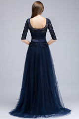 Elegant Half-Sleeves Lace Navy Bridesmaid dresses with Appliques
