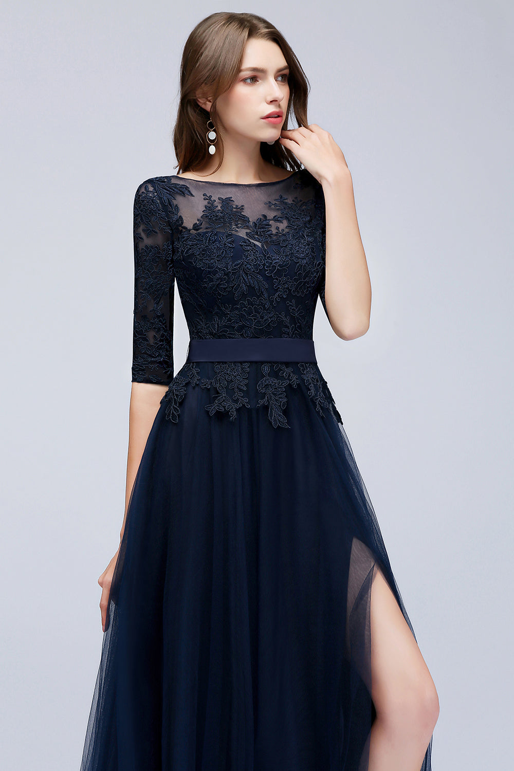 Elegant Half-Sleeves Lace Navy Bridesmaid dresses with Appliques
