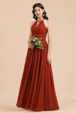Elegantes Neckholder-Aline-Chiffon-Brautjungfernkleid, ärmelloses, bodenlanges Hochzeitskleid