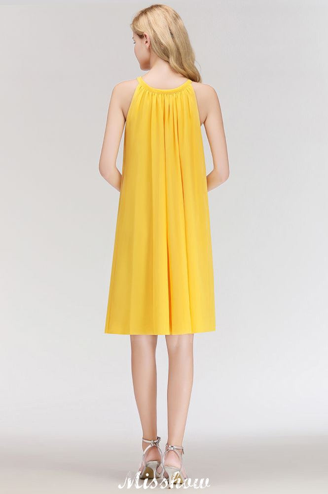 MISSHOW offers Elegant Halter Simple Sleeveless Evening Dresses Knee Length at a good price from White,Ivory,Blushing Pink,Candy Pink,Pearl Pink,Dusty Rose,Watermelon,Red,Fuchsia,Burgundy,Chocolate,Brown,Gold,Champagne,Orange,Yellow,Daffodil,Regency,Grape,Lilac,Lavender,Sky Blue,Pool,Ocean Blue,Royal Blue,Ink Blue,Dark Navy,Black,Silver,Dark Green,Jade,Green,Sage,Mint Green, to A-line Knee-length them. Stunning yet affordable Sleeveless Bridesmaid Dresses.