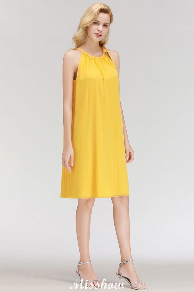 MISSHOW offers Elegant Halter Simple Sleeveless Evening Dresses Knee Length at a good price from White,Ivory,Blushing Pink,Candy Pink,Pearl Pink,Dusty Rose,Watermelon,Red,Fuchsia,Burgundy,Chocolate,Brown,Gold,Champagne,Orange,Yellow,Daffodil,Regency,Grape,Lilac,Lavender,Sky Blue,Pool,Ocean Blue,Royal Blue,Ink Blue,Dark Navy,Black,Silver,Dark Green,Jade,Green,Sage,Mint Green, to A-line Knee-length them. Stunning yet affordable Sleeveless Bridesmaid Dresses.