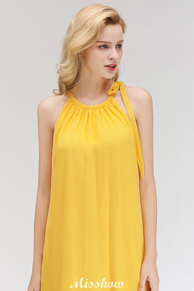 MISSHOW offers Elegant Halter Simple Sleeveless Evening Dresses Knee Length at a good price from White,Ivory,Blushing Pink,Candy Pink,Pearl Pink,Dusty Rose,Watermelon,Red,Fuchsia,Burgundy,Chocolate,Brown,Gold,Champagne,Orange,Yellow,Daffodil,Regency,Grape,Lilac,Lavender,Sky Blue,Pool,Ocean Blue,Royal Blue,Ink Blue,Dark Navy,Black,Silver,Dark Green,Jade,Green,Sage,Mint Green, to A-line Knee-length them. Stunning yet affordable Sleeveless Bridesmaid Dresses.