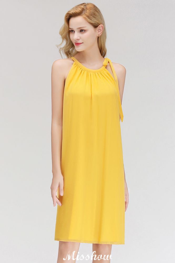 MISSHOW offers Elegant Halter Simple Sleeveless Evening Dresses Knee Length at a good price from White,Ivory,Blushing Pink,Candy Pink,Pearl Pink,Dusty Rose,Watermelon,Red,Fuchsia,Burgundy,Chocolate,Brown,Gold,Champagne,Orange,Yellow,Daffodil,Regency,Grape,Lilac,Lavender,Sky Blue,Pool,Ocean Blue,Royal Blue,Ink Blue,Dark Navy,Black,Silver,Dark Green,Jade,Green,Sage,Mint Green, to A-line Knee-length them. Stunning yet affordable Sleeveless Bridesmaid Dresses.