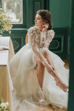 Elegant Hi-lo Lace Tulle Wedding Dresses With Long Sleeves-misshow.com